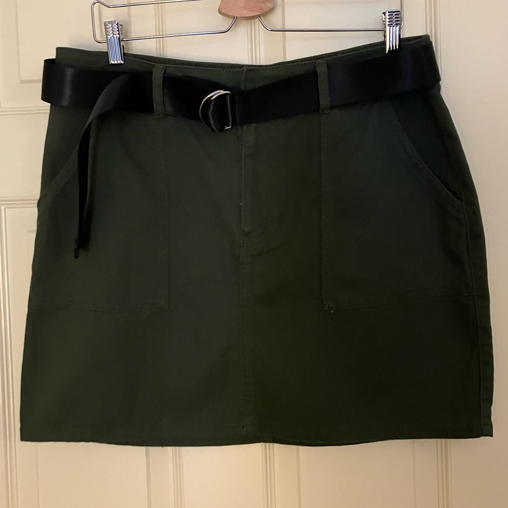 F21 forever 21 plus curve military khaki green canvas belted mini skirt 0X XL